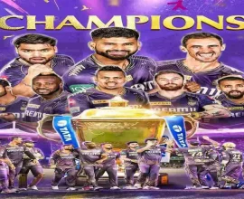 Cricket match scoreboard showing IPL winner Kolkata Knight Riders (KKR) defeating Sunrisers Hyderabad (SRH) by 8 wickets in the final. KKR batting score is 118/2 and SRH bowling score is 113 all out.