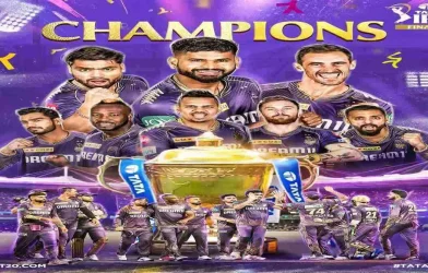 Cricket match scoreboard showing IPL winner Kolkata Knight Riders (KKR) defeating Sunrisers Hyderabad (SRH) by 8 wickets in the final. KKR batting score is 118/2 and SRH bowling score is 113 all out.
