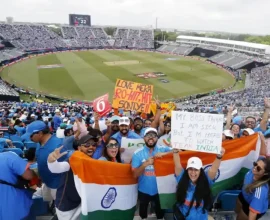 A photo from the India vs Ireland T20 World Cup match, showcasing a bowler (possibly Hardik Pandya) in action, bowling with intensity, eyes fixed on the batsman.