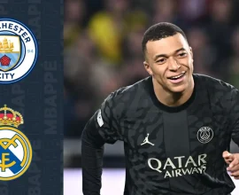 Kylian Mbappe wearing a Real Madrid jersey celebrating a goal in front of cheering fans at the Bernabéu stadium.