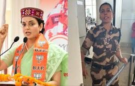 Composite image of Kangana Ranaut at a political event and a CISF constable in uniform at an airport.