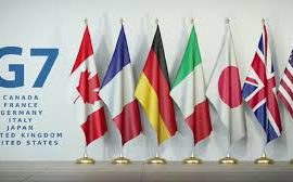 Seven flags representing the G7 summit 2024 nations displayed against a white background. The flags are Canada, France, Germany, Italy, Japan, the United Kingdom, and the United States.