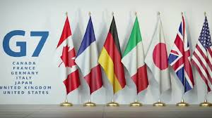 Seven flags representing the G7 summit 2024 nations displayed against a white background. The flags are Canada, France, Germany, Italy, Japan, the United Kingdom, and the United States.